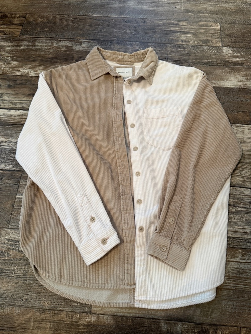 American Eagle Two-Tone Corduroy Shirt in Beige & Cream